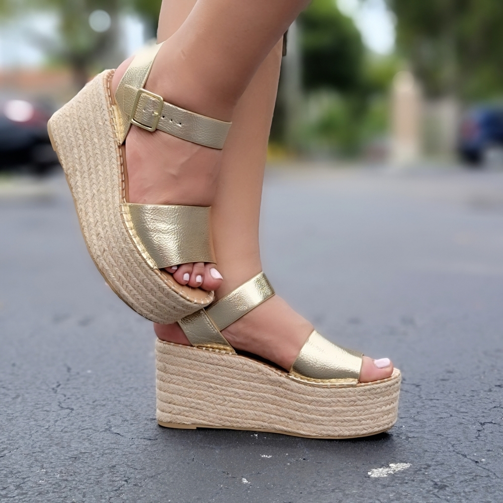 Gold Platform High Ankle Strap Wedge Espadrilles - Picture 6 of 8